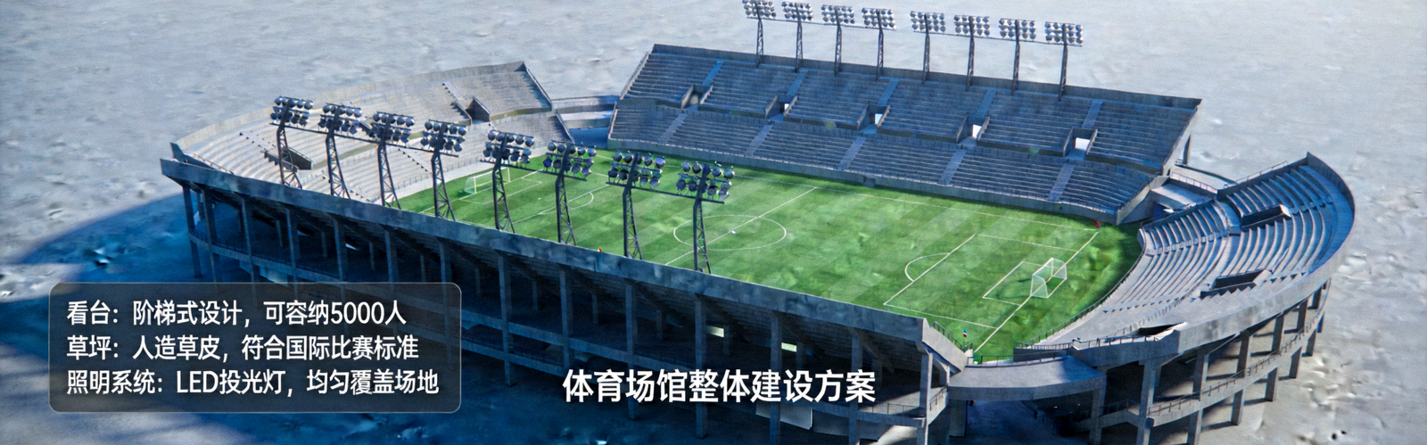 体育场馆整体建设方案展示，包含看台、草坪及专业照明系统